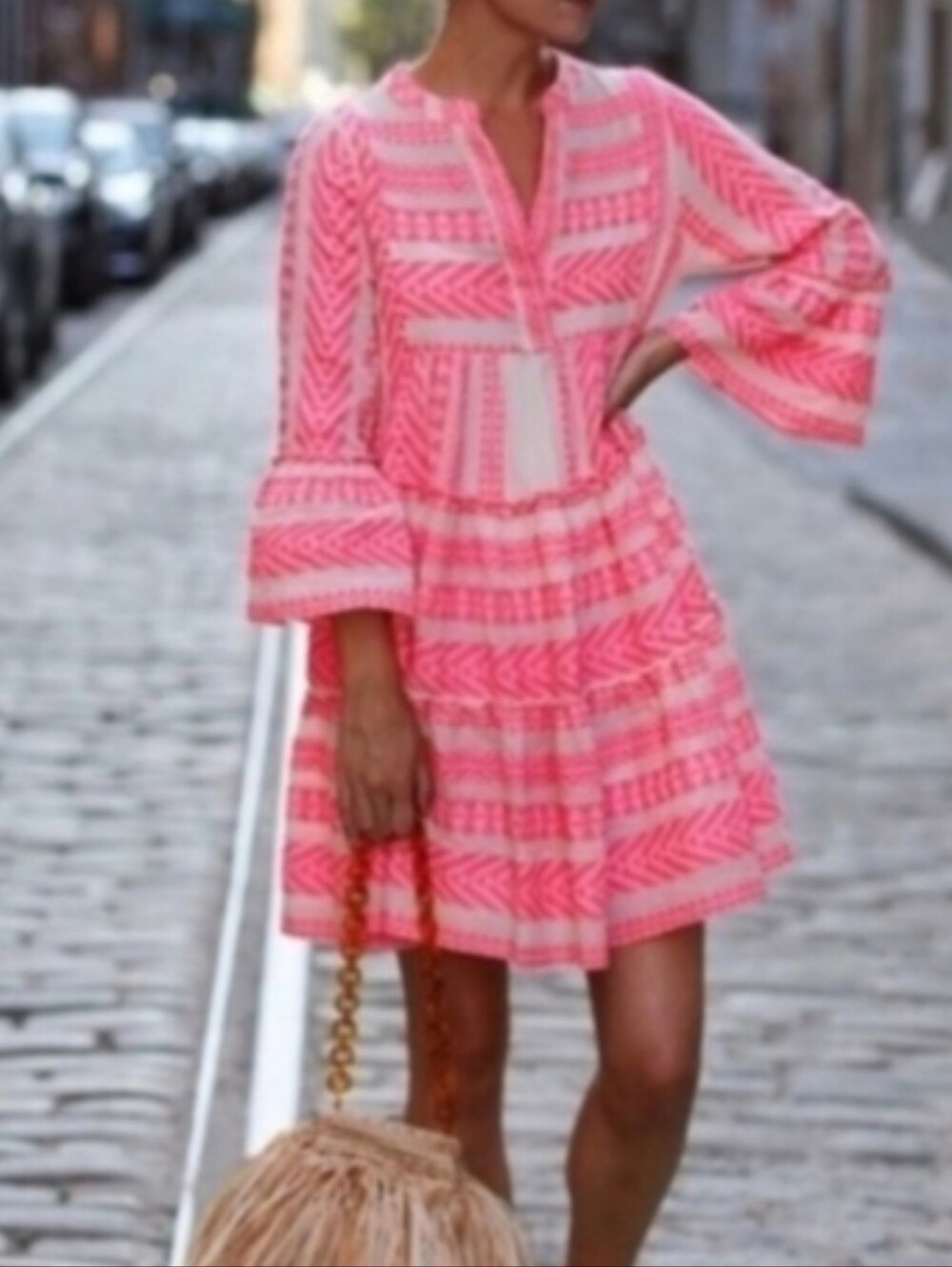Anthropologie Pink & White Boho Tiered Long-Sleeve Mini Dress